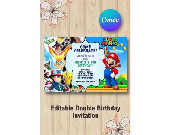 Twin Pokemon and Super Mario Invitation | Canva Template
